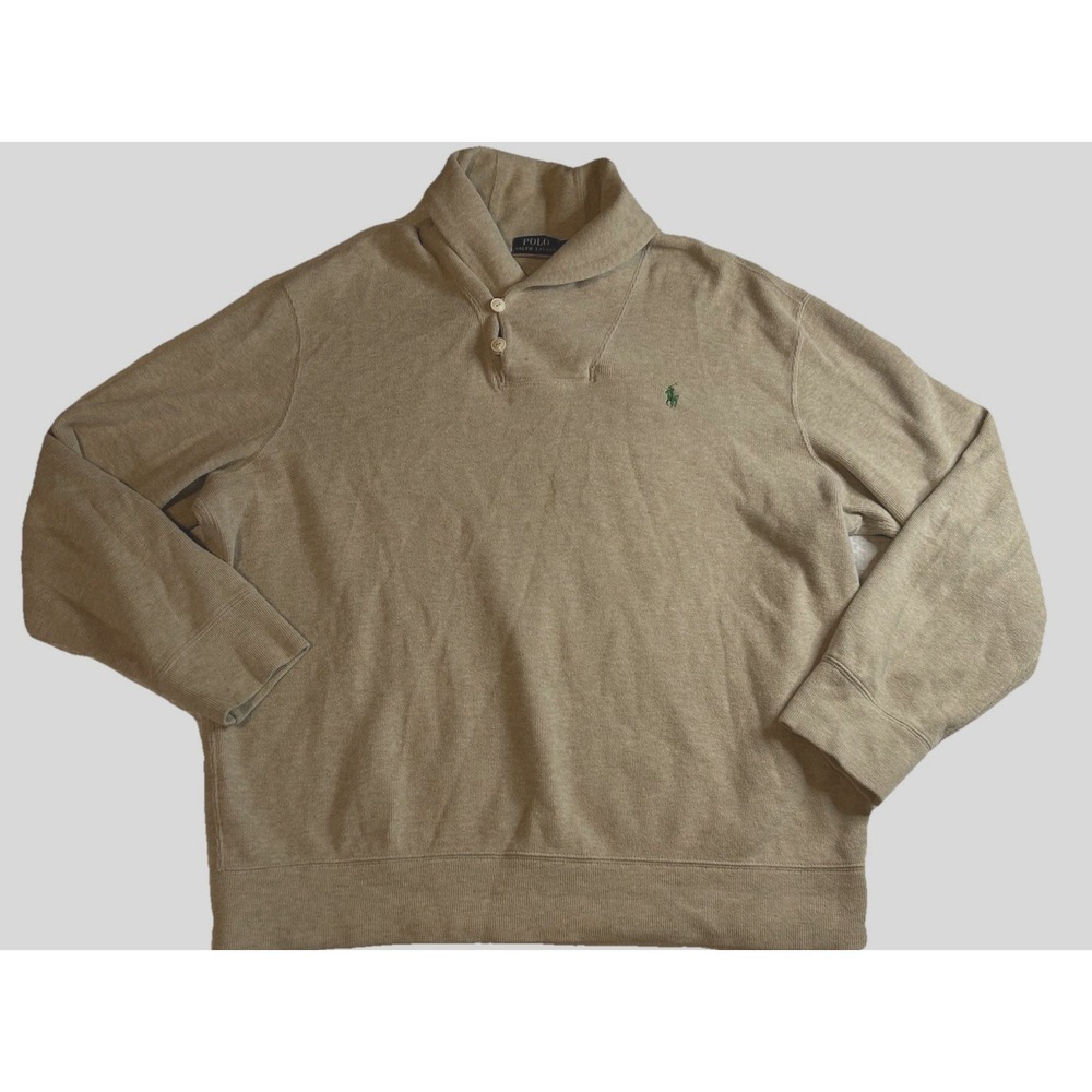 Polo Ralph Lauren Men's XL Luxury Jersey Shawl Collar Sweater Lt Tan Green Pony